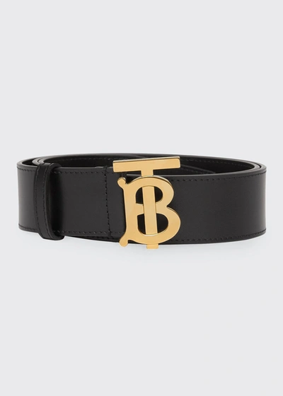 Shop Burberry Men's Tb Plaque Leather Belt In Black