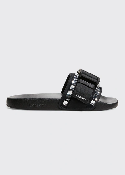 Shop Burberry Men's Cameron Crystal Buckle Slide Sandals In Black