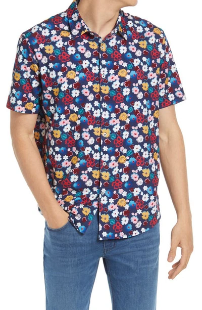 Shop Good Man Brand Flex Pro Slim Fit Print Short Sleeve Button-up Shirt In Blue Bahama Blossom