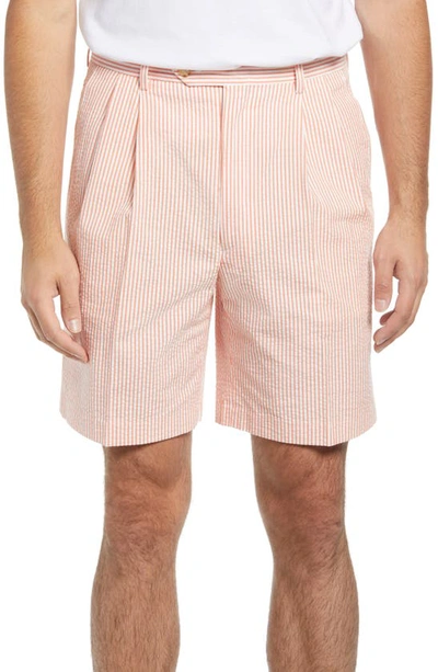 Shop Berle Pleated Seersucker Shorts In Orange
