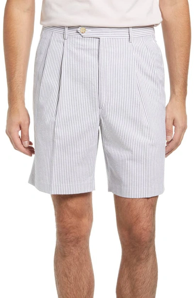 Shop Berle Pleated Seersucker Shorts In Grey