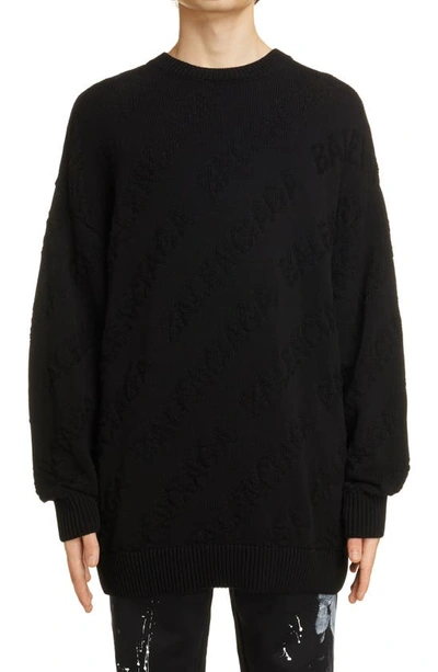 Shop Balenciaga Tonal Jacquard Logo Cotton Sweater In Black