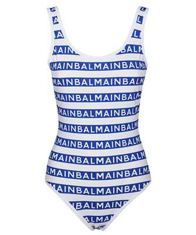 Shop Balmain Striped All-over Logo Swimsuit In Blue