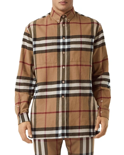 Shop Burberry Men's Cotton Flannel Classic Check Sport Shirt In Brown Pattern
