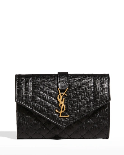 Saint Laurent Envelope Small Ysl Flap Wallet In Grained Leather In Black