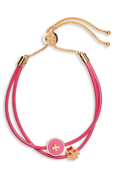 Shop Tory Burch Enamel Logo Slider Bracelet In Tory Gold / Crazy Pink