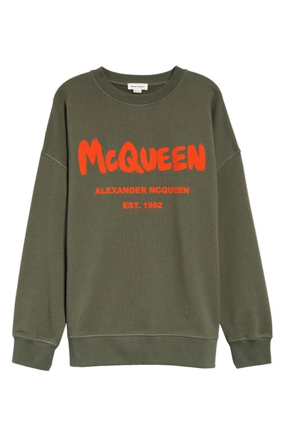 Shop Alexander Mcqueen Graffiti Logo Sweatshirt In Khaki / Orange
