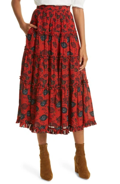 Shop Ulla Johnson Tulia Floral Tiered Ruffle Cotton Blend Skirt In Poppy Floral