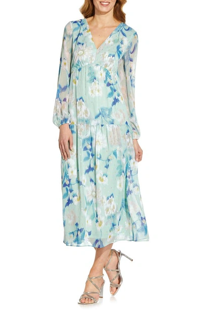 Shop Adrianna Papell Floral Long Sleeve Chiffon Dress In Mint Multi