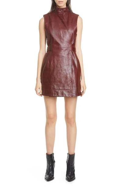 Shop Ganni Wrap Front Leather Minidress In Decadent Chocolate 927