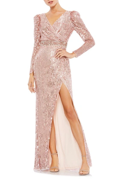 Shop Mac Duggal Sequin Military Long Sleeve Slit Gown In Rose