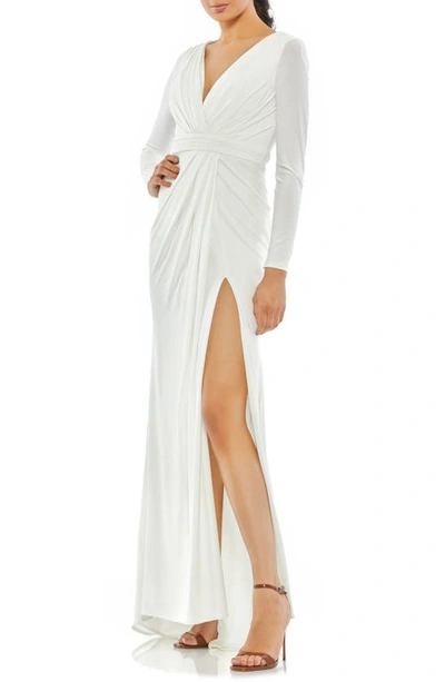 Shop Mac Duggal Long Sleeve Wrap Jersey Gown In White