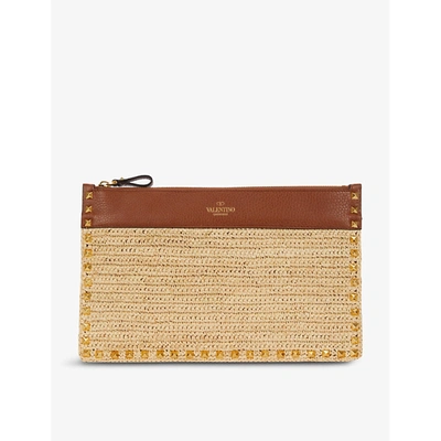Shop Valentino Branded Large Leather And Raffia Clutch Bag In Naturale/selleria