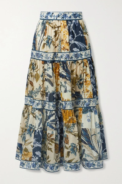 Shop Zimmermann Aliane Tiered Floral-print Cotton-voile Midi Skirt In Multi