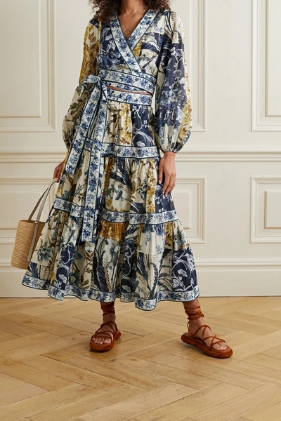 Shop Zimmermann Aliane Tiered Floral-print Cotton-voile Midi Skirt In Multi