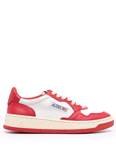 Shop Autry Contrast-panel Leather Sneakers In Red