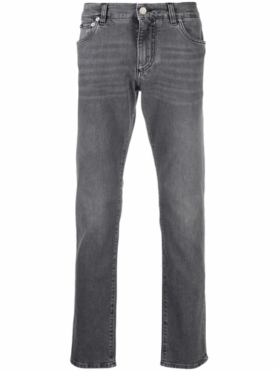 Shop Dolce & Gabbana Straight-leg Logo-plaque Jeans In Grey