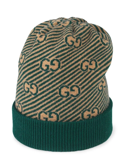 Shop Gucci Diagonal Gg Pattern Jacquard Knit Hat In Neutrals
