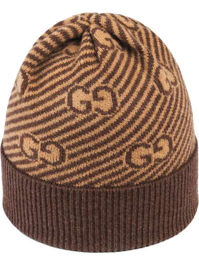 Shop Gucci Diagonal-stripe Gg Knitted Hat In Brown