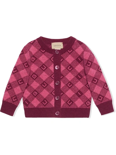Shop Gucci Intarsia Check Logo Cardigan In Pink