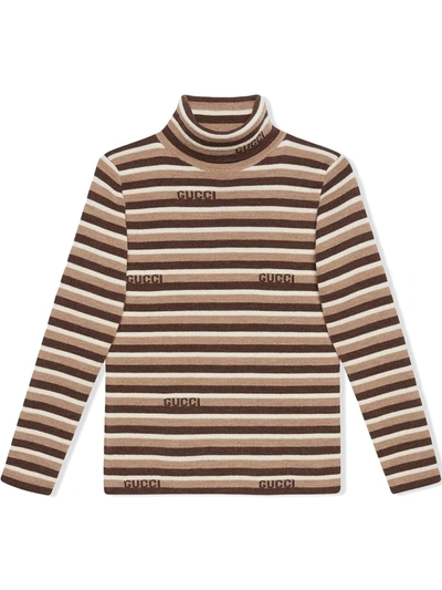 Shop Gucci Intarsia-logo Stripe Wool Turtleneck In Brown