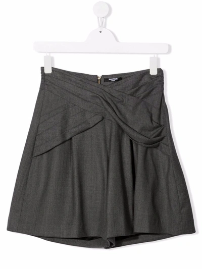 Shop Balmain Teen Cross-over Gathered Shorts In 灰色