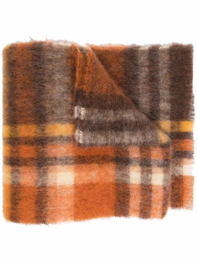Shop Acne Studios Plaid Logo Knitted Scarf In Brown