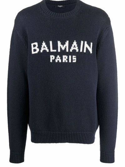 Shop Balmain Intarsia-logo Knit Jumper In Blau