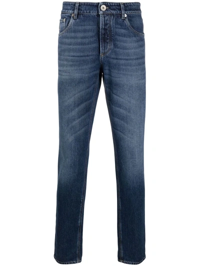 Shop Brunello Cucinelli Whiskered-thigh Straight-leg Jeans In Blue