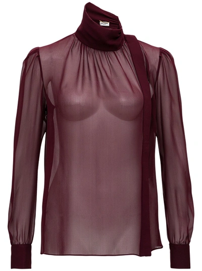Shop Saint Laurent Gathered Neck Sheer Blouse In Red