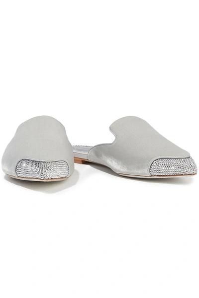 Shop René Caovilla Crystal-embellished Satin-trimmed Velvet Slippers In Gray