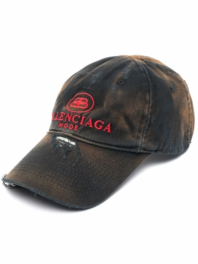 Shop Balenciaga Logo-embroidered Distressed Cap In Schwarz