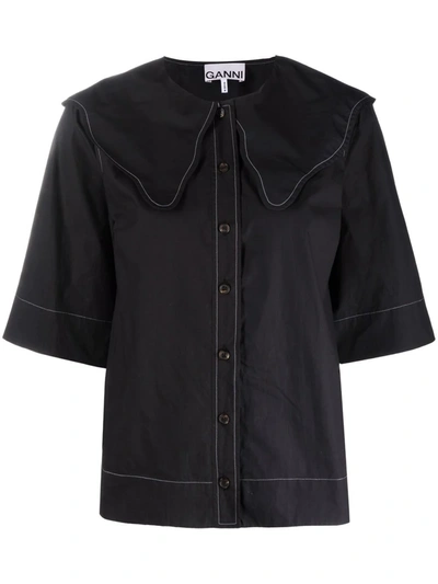 Shop Ganni Scallop-collar Blouse In Schwarz