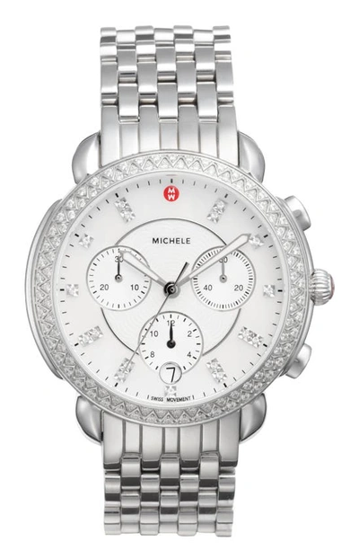 Shop Michele Sidney Chrono Diamond Dial Watch Case, 38mm In Silver/ Mop