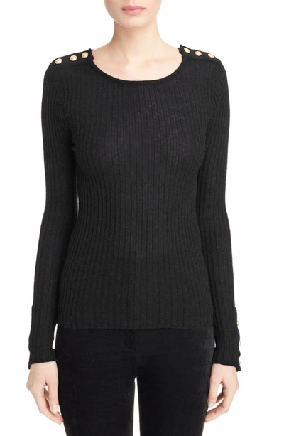 Shop Balmain Button Detail Ribbed Sweater In Black
