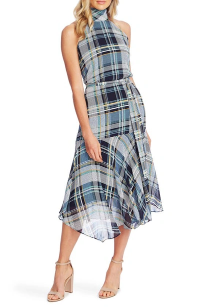 Shop Vince Camuto Plaid Elements Sleeveless Mock Neck Dress In Caviar