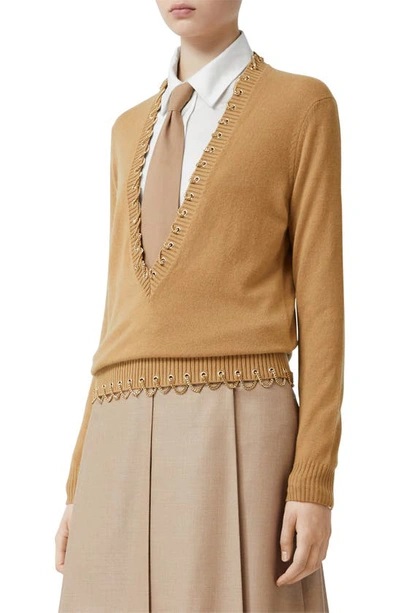 Shop Burberry Chain Embellished Plunge Neck Cashmere Sweater In Camel