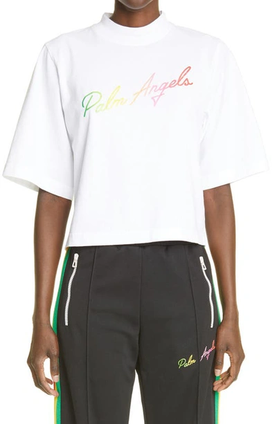 Shop Palm Angels Miami Logo Crop Cotton Tee In White Multi