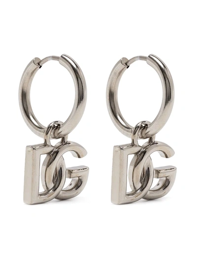 Shop Dolce & Gabbana Logo-plaque Hoop Earrings In Silber