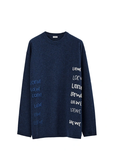 Shop Loewe Logo Embroidered Knit Sweater In Blue