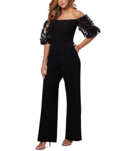 Shop Xscape Floral-sleeve Off-the-shoulder Jumpsuit In Black
