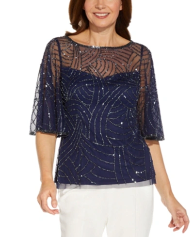 Shop Adrianna Papell Embellished Illusion Top In Navy Blue