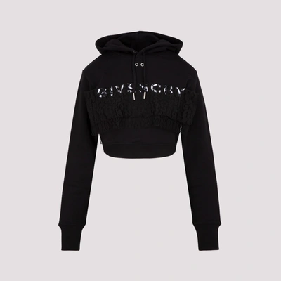 Givenchy Cropped Lace-trimmed Embroidered Cotton-jersey Sweatshirt In Black