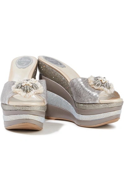 Shop René Caovilla Crystal-embellished Metallic Karung Wedge Sandals In Silver