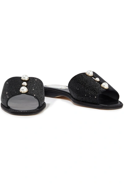 Shop René Caovilla Crystal And Faux Pearl-embellished Suede Slides In Black
