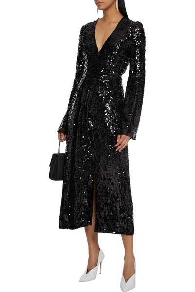 Shop Galvan  London Moonlight Wrap-effect Sequined Tulle Midi Dress In Black