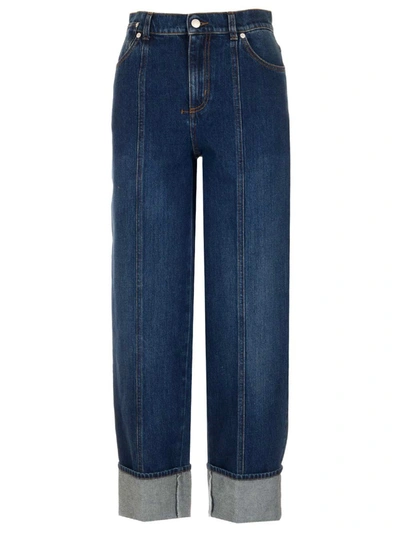 Shop Alexander Mcqueen Logo Patch Wide Leg Jeans In Blue