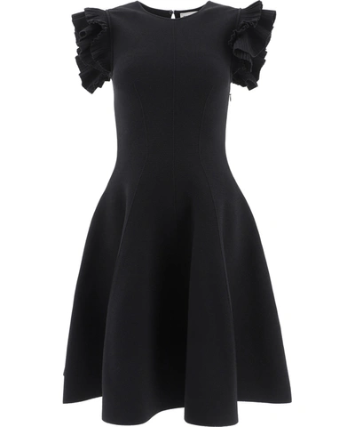 Shop Alexander Mcqueen Ruffled Sleeve Round Neck Mini Dress In Black