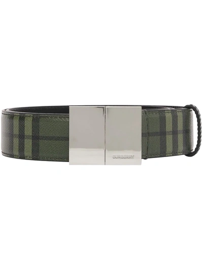 Burberry Check Leather Belt In Military Green | ModeSens