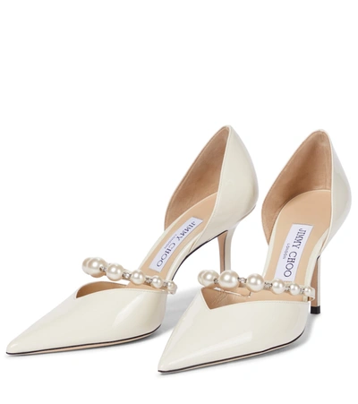 Jimmy Choo Aurelie 85 Faux Pearl-embellished Patent-leather Pumps In White